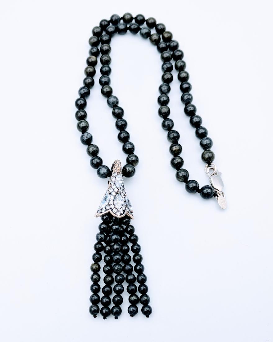Sterling Silver Beaded Nuumite Necklace & Tassel: Reserve Reduced! Title: Sterling Silver Beaded Nuumite Necklace & Tassel Pendant w CZs Brand: Jean Lin Collection Metal Purity: 925 Sterling Silver Gemstones: Nuumite Beads and Cubic Zirconia Carat We