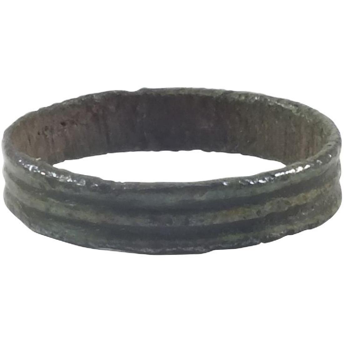 VIKING WOMAN’S WEDDING RING, 9th-10th CENTURY AD, Sz 6: No Reserve! Bronze size 6 1/4. Broad width with double incised bands resulting in a triple reeded section. Fine dark patina. Vikings exchanged rings on the pommel of the groom’s sword. Gift boxed wi