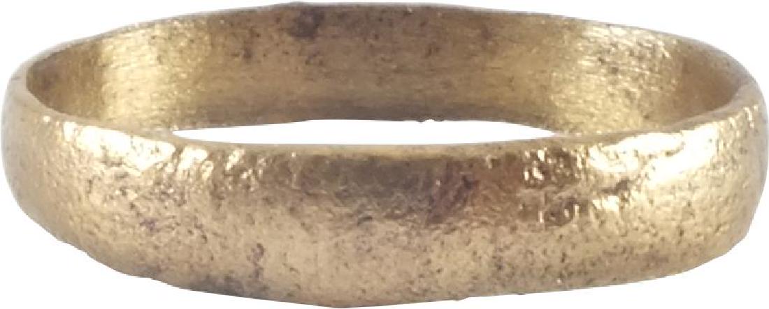 ANCIENT VIKING WEDDING RING C.850-1050 AD Sz 8 ½: No Reserve! Gilt bronze. Medium, round faced band. Size 8 ½, varying slightly in width to be worn with the swelled side up. Light texture from burial. Vikings exchanged rings on the pommel of the gro