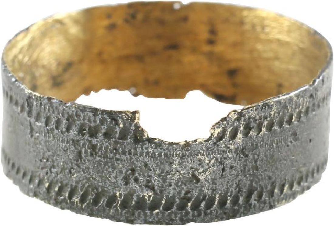 VIKING WEDDING RING 900-1100 CENTURY AD, Sz 8: No Reserve! Bronze size 8. Broad width with flat face. The edged with stipple bands. The inside cleaned. Dark mottled patina. Vikings exchanged rings on the pommel of the groom’s sword. Gift boxed w