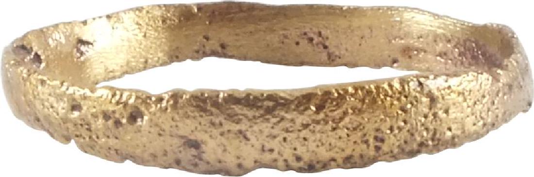 ANCIENT VIKING MAN’S WEDDING RING C.850-1050 AD Sz 9: No Reserve! Gilt bronze. Narrow, round faced band textured from burial. Size 9 3/4. Vikings exchanged rings on the pommel of the groom’s sword. Professionally refurbished with the gold overlay resto