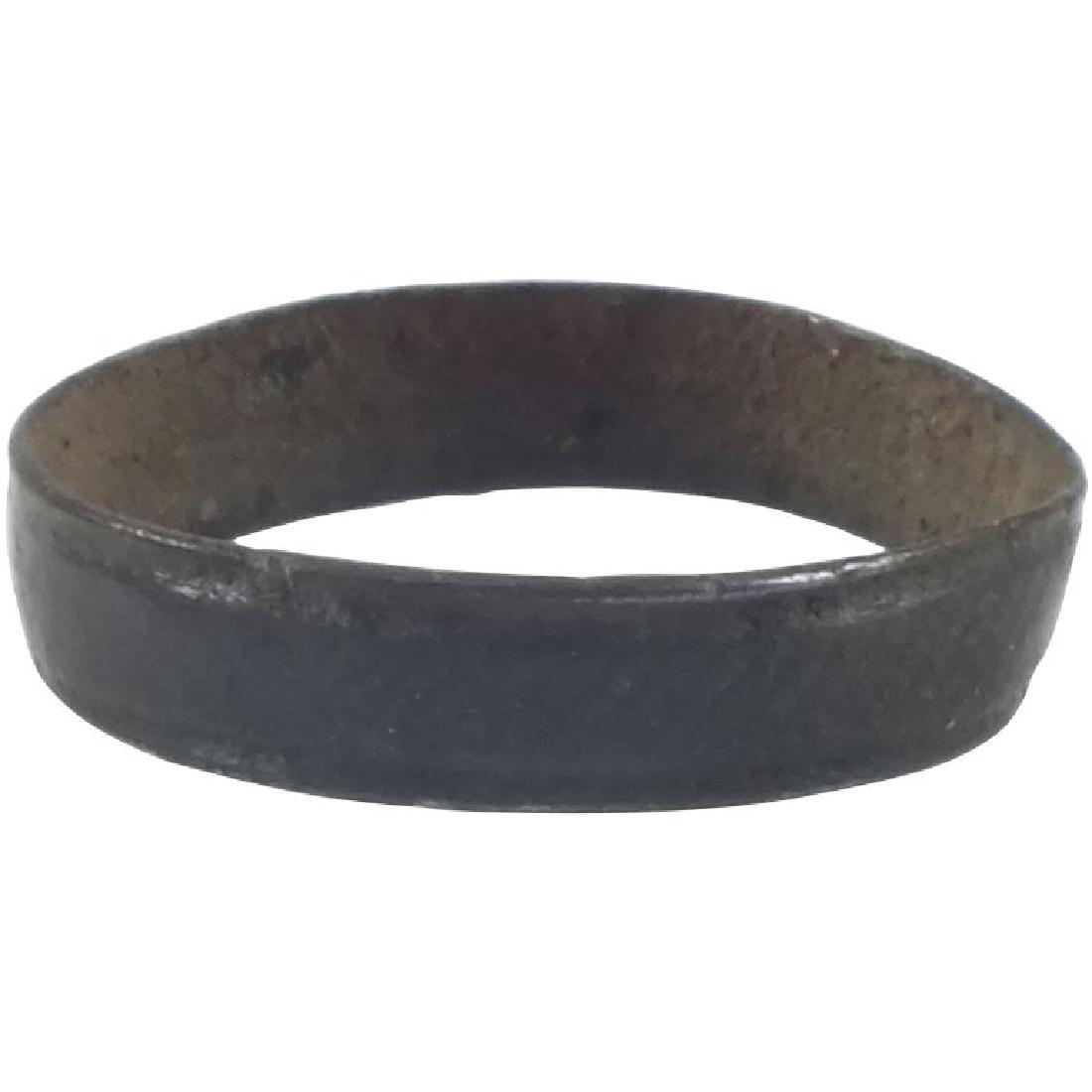 VIKING WOMAN’S WEDDING RING, 9th-10th CENTURY AD, Sz 7: No Reserve! Bronze size 7 1/4. Broad width with rounded face flanked by low banded edges. Fine dark green patina. Vikings exchanged rings on the pommel of the groom’s sword. Gift boxed with certific