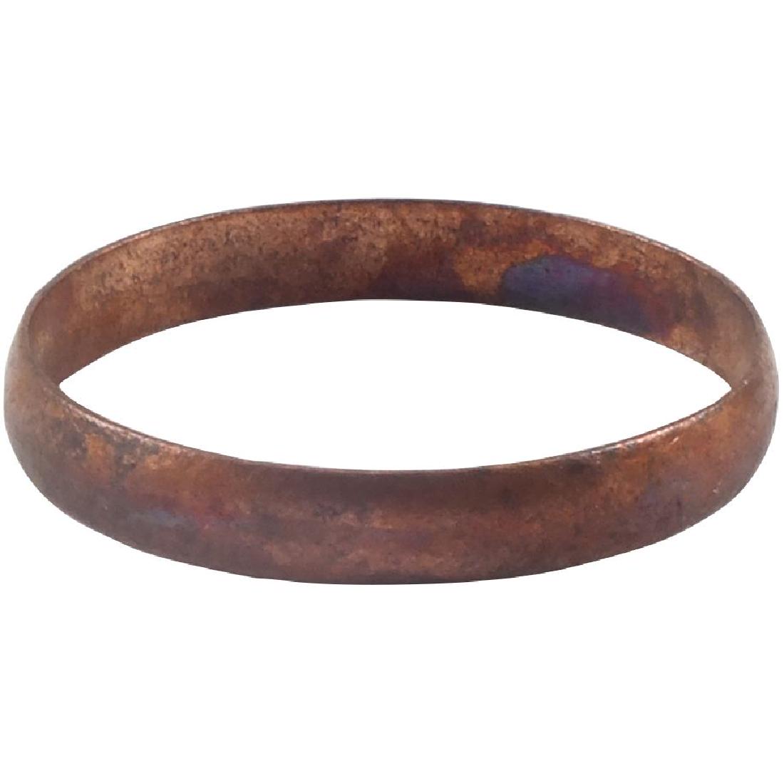 RARE VIKING WEDDING RING 866-1067 AD Sz 9: No Reserve! Copper. Medium width band with well-rounded face. Dark patina. Vikings were master metallurgists and the use of unalloyed copper is specific to Viking culture. Alloying to bronze provides 