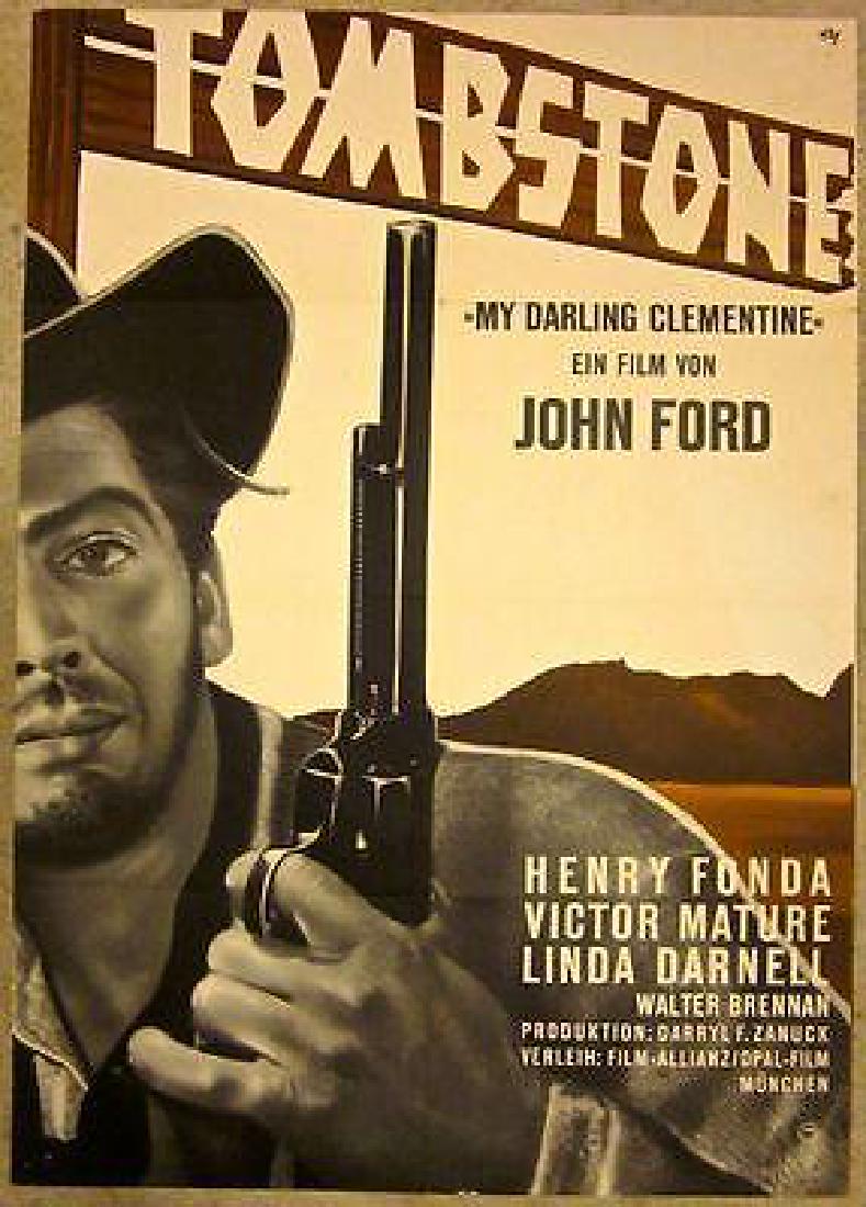 MY DARLING CLEMENTINE – R60’S GERMAN POSTER – JOHN FORD: Description MY DARLING CLEMENTINE Â– R60Â’S GERMAN POSTER Â– JOHN FORD CLASSIC COOL WESTERN ART R60Â’s German Advertising poster (23 1/4? x 33?) Poster has fold lines, multiple corner pinh