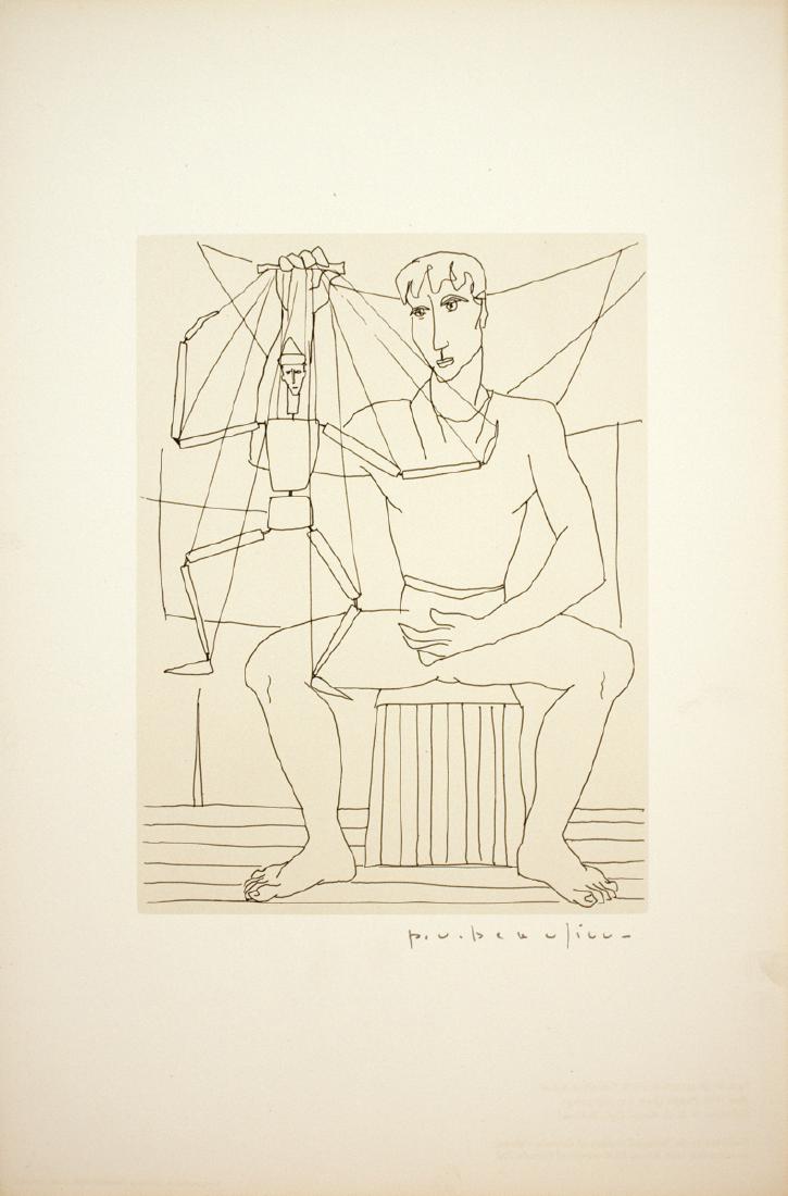 Paul V. Beaulieu: Artist: Paul V. Beaulieu1950 Medium: Offset Lithograph Size/Format: 16.75 x 11 inches Description: "Man with Puppet" by Paul V. Beaulieu, 1950 Unsigned Offset Lithograph. Paper size is 16.75 x 11 inch