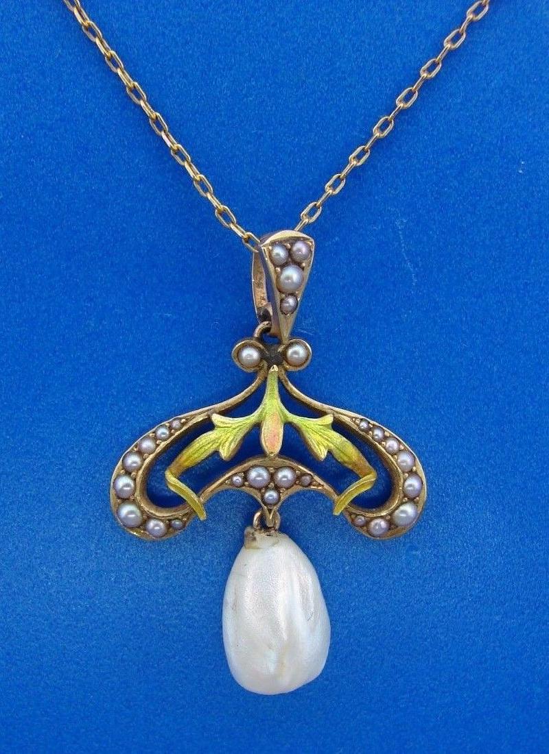 ART NOUVEAU 14k Yellow Gold, Pearl & Enamel Necklace (1 of 5)