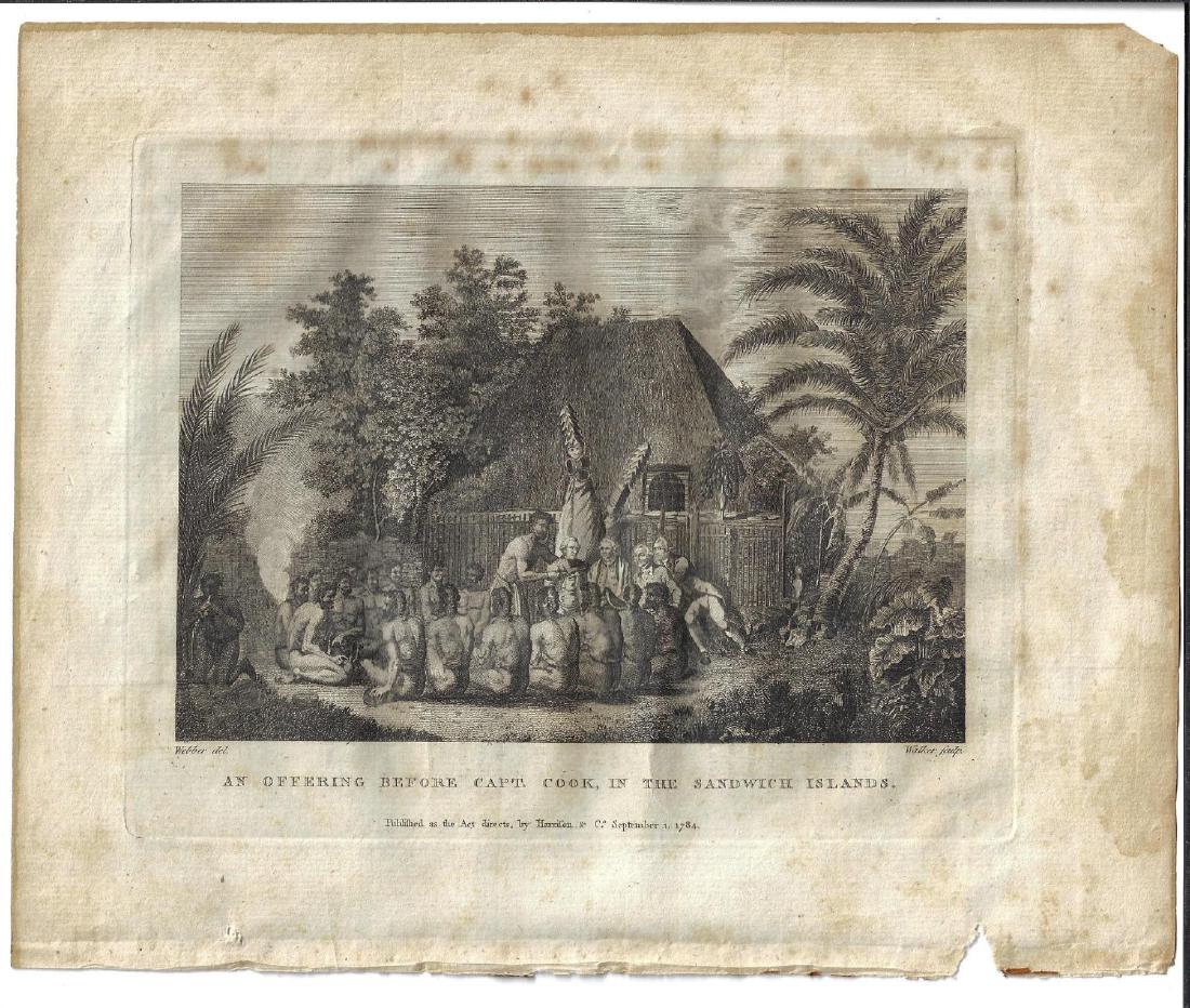1784 Engraving An Offering Before Capt. Cook in: 1784 Engraving after Webber “An Offering Before Capt. Cook in the Sandwich Islands”, Published as the Act directs by Harrison and Co, 1784. This is the quarto version of the elephant folio version