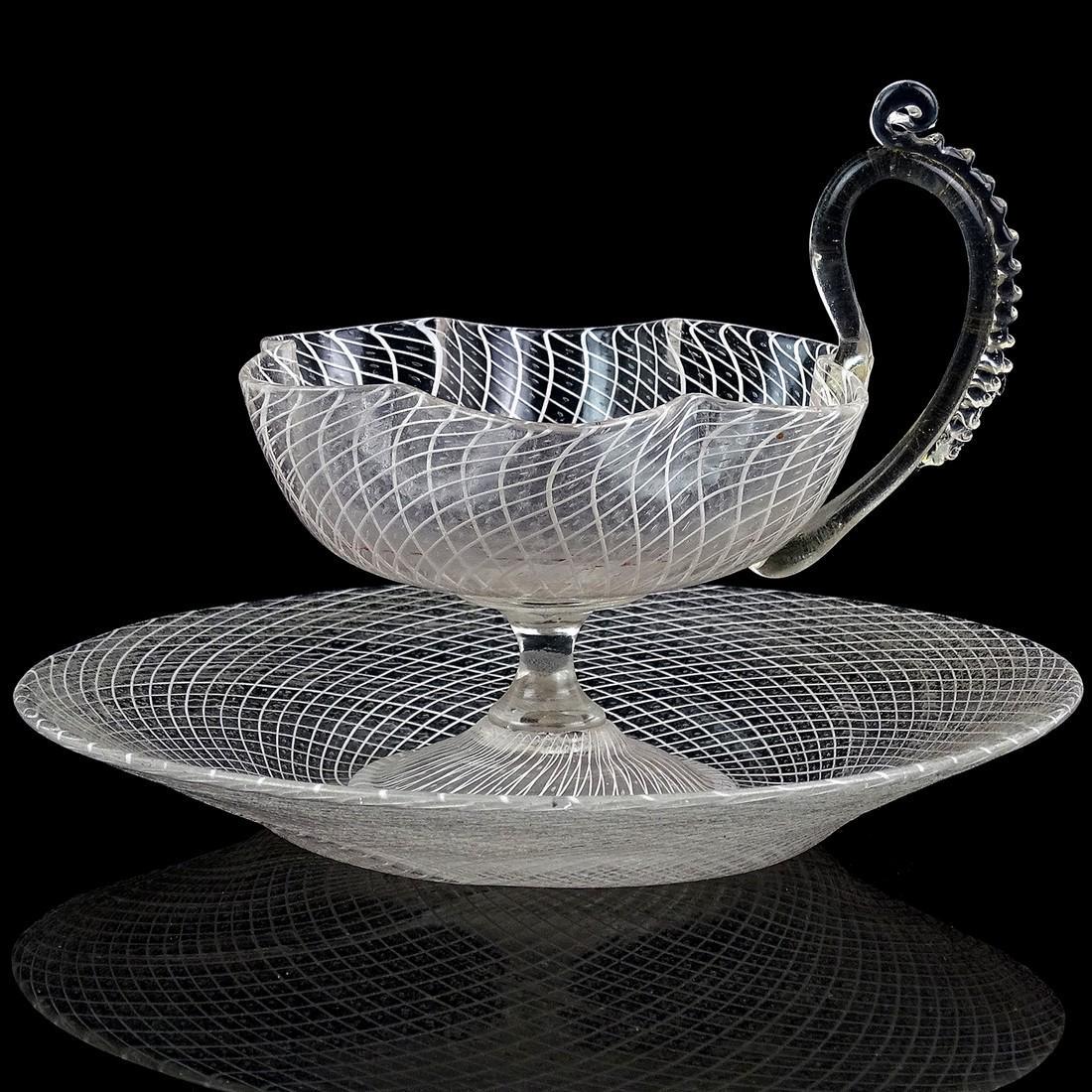Salviati Murano Antique White Gold Italian Glass Cup: Reserve Reduced! Title: Salviati Murano Antique White Gold Italian Glass Cup Saucer Maker: Salviati Origin: Murano Italy Date/Period: Antique Materials: Art Glass Size: Cup 4 1/2" tall x 4" wide, Sauc
