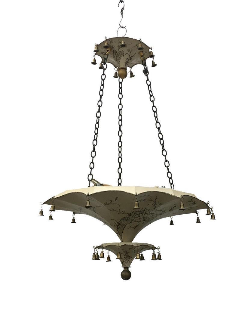 2-Tier Chinoiserie Style Painted Umbrella Chandelier: New to Jasper52 Title: 2-Tier Chinoiserie Style Painted Umbrella Chandelier Date/Period: Mid of 20s Materials: Tole Dimensions: 22ÊºW Ã— 22ÊºD Ã— 30ÊºL Two Tier Chinoiserie Style Painted U