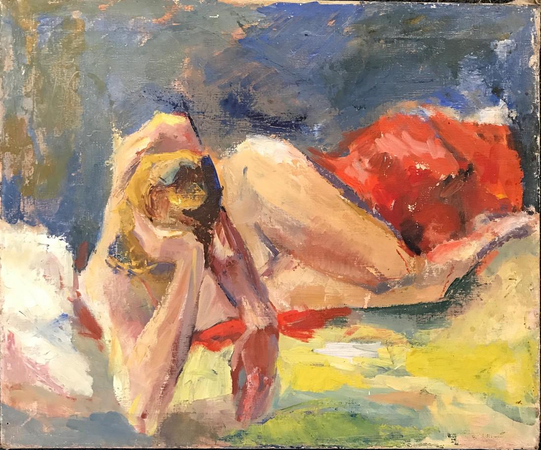 Patricia Zippin - Mid Century Female Nude Painting: Patricia Zippin Red Blanket 1950s Oil on canvas 24"x20"x.75", unframed Good Condition- paint loss Patricia Jayne Zippin (1930-2015) She was born to Ben and Dorothy Schubert on January 5, 1930 in Ontar