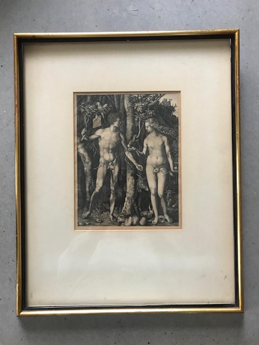 Antique Albrecht Durer " Adam and Eve" framed facsimile: Title: Antique Albrecht Durer " Adam and Eve" framed facsimile print Date/Period: unknown Materials: print Size: visible image approx 10 x 7 3/4ins, overall frame approx 20 1/2 x 16 1/2 ins Additional