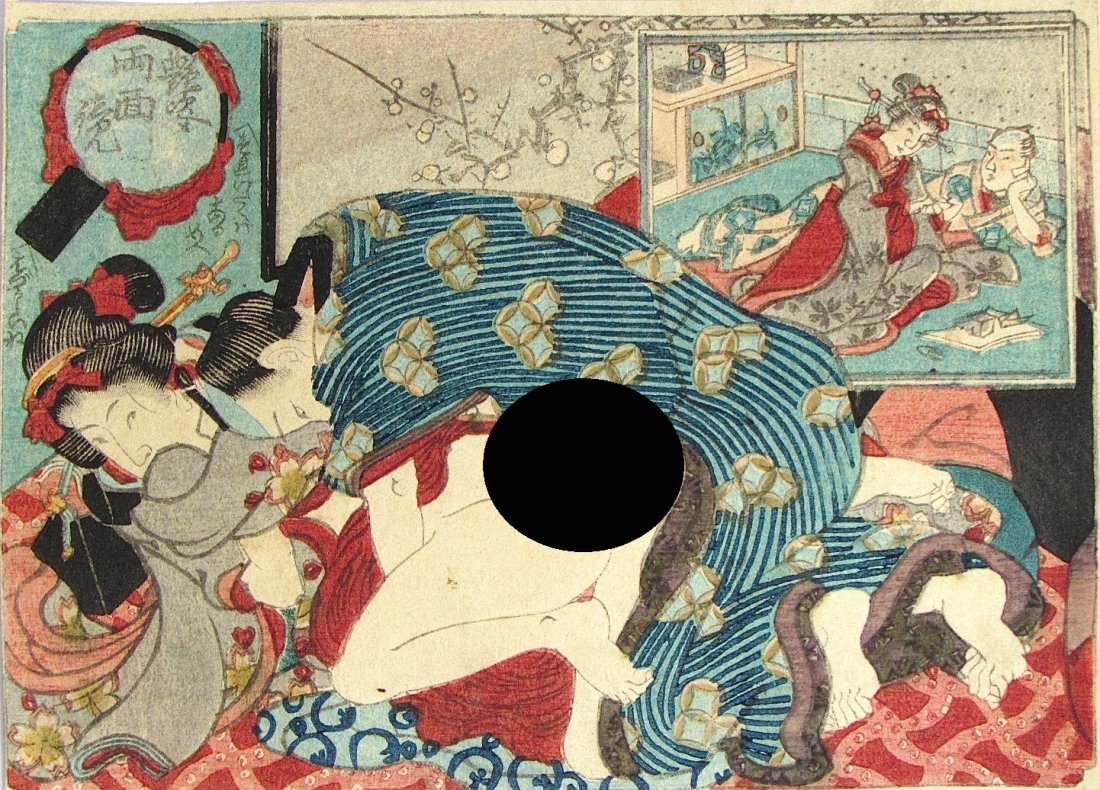 SHUNGA Shunga: SHUNGA Shunga Artist: Utagawa school Subject: Shunga. Signature: None Date: c. 1850 Format: koban, 12.8 x 9.3 cm Condition: Fine impression and color with metallic pigments, backed this print was moun