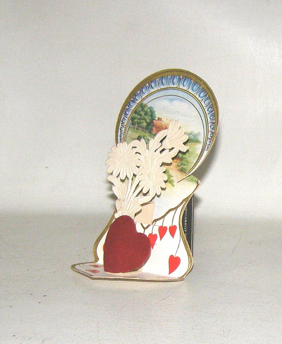 Landscape Art Die Cut Valentine Pop Up: No Reserve! Title: ANTIQUE POP UP DIE CUT VALENTINE unknown probibly German Subject: Valentines Day Description: Beautiful well constructed Pop Up Valentine with Gold Border illumination. Embossed Whi