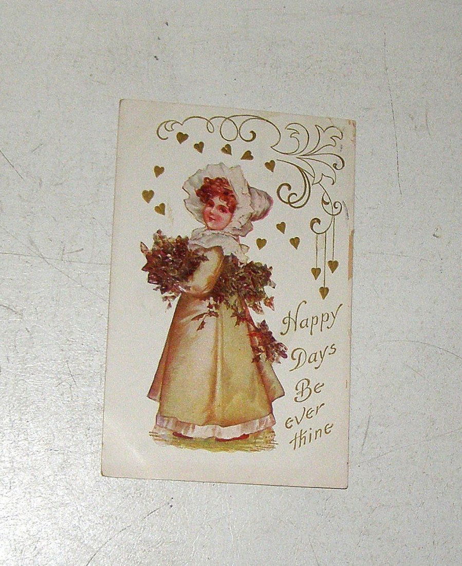 VALENTINE POSTCARD SHOWS PRETTY GIRL WITH BOUQUET GOLD (1 of 4)