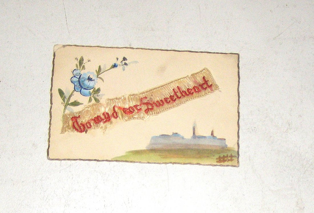 WW1 postcard sent from France. Hand Painted with Ribbon (1 of 2)