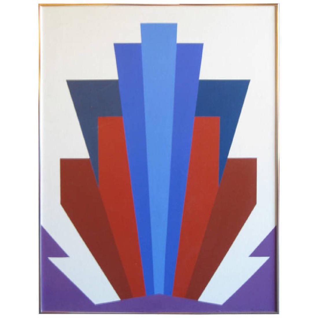 Dynamic Abstract by H. Busemann: This vibrant geometrical oil on canvas stretched over board was painted in 1976 by Herbert Busemann (1905-1994). German-American Busemann was a renowned mathematician who pursued art as a creative out