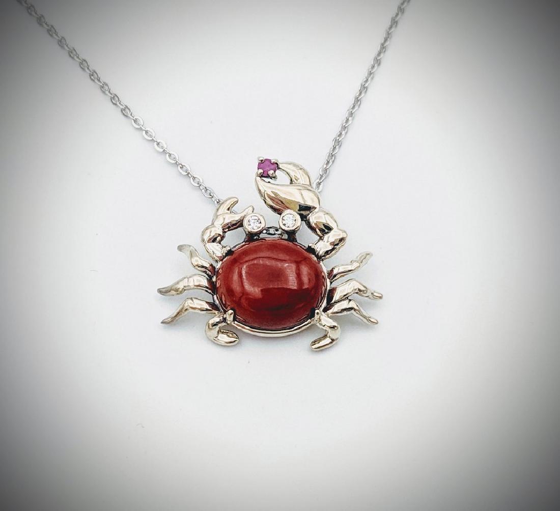 Sterling Silver Necklace & Crab Pendant w Jasper, Ruby: Reserve Reduced! Title: Sterling Silver Necklace & Crab Pendant w Jasper, Ruby & CZs Brand: Jean Lin Collection Metal Purity: 925 Sterling Silver Gemstones: Jasper, Ruby & Cubic Zirconia Carat Weights