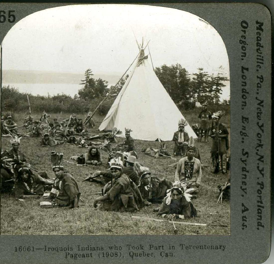 IROQUOIS INDIANS-QUEBEC CANADA TERCENTENARY: TITLE: IROQUOIS INDIANS-QUEBEC CANADA TERCENTENARY ARTIST/SOURCE: KEYSTONE VIEW COMPANY MEDIUM: VINTAGE ANTIQUE STEREOVIEW DATE/PERIOD: CIRCA 1898 DIMENSIONS [INCHES]: 3 1/2 X 7 ORIGIN: QUEBEC, CANADA