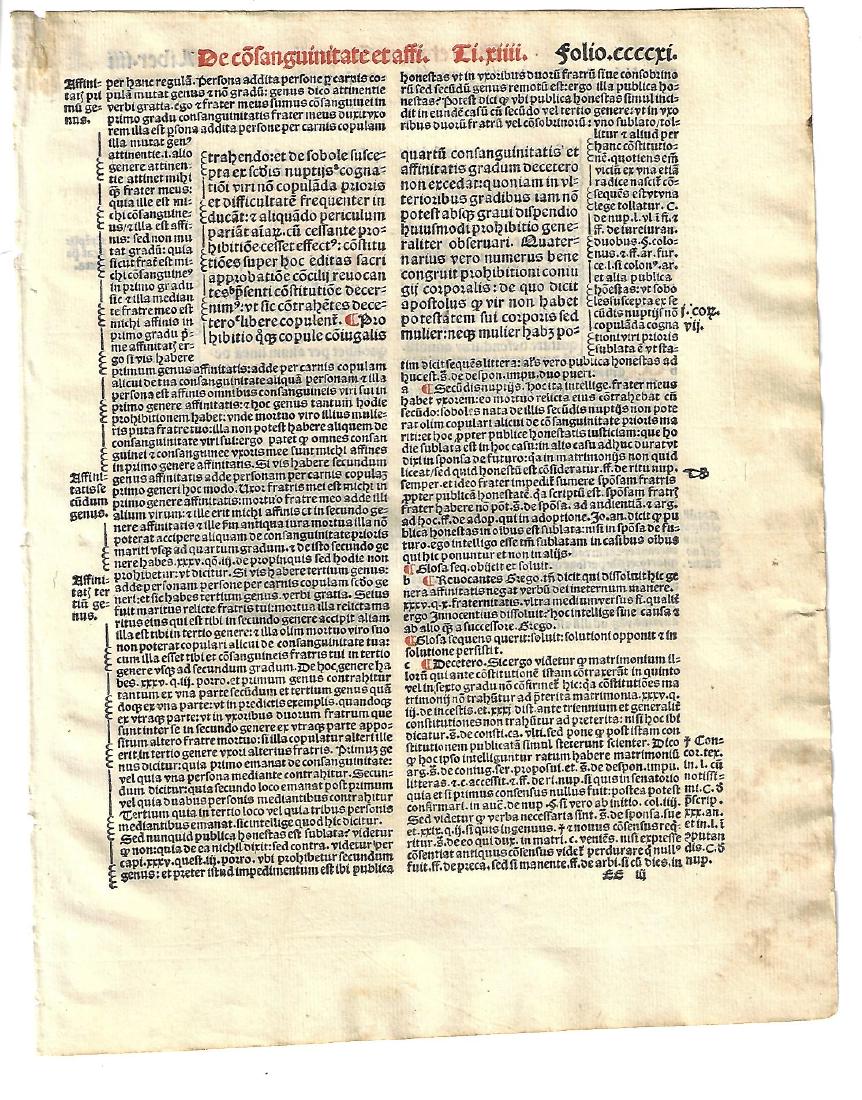 1516 Leaf Decretals of Pope Gregory IX: A leaf from the Decretals of Pope Gregory IX, printed at Paris with red and black type. Printed in 1516 on fine paper. Accompanied by color copy of printer’s imprint. Fine, measures 7 x 9”. Reserv
