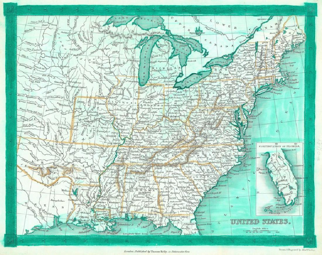 United States: Reserve Reduced! Title: United States Publication Date: 1836 Cartographer: FINDLAY, ALEX. Publisher: KELLY, THOMAS Size (inches): H7.5 - W9.5 Map detailing the U.S. west to "Konzas Ville". Excellent d