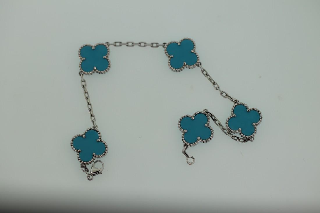 Authentic Van Cleef & Arpels 18k White Gold Vintage: New to Jasper52! Item: Authentic Van Cleef & Arpels 18k White Gold Vintage Alhambra Turquoise Bracelet Brand: Van Cleef & Arpels Metal Purity: 18kt white gold Gemstones: Turquoise Carat Weights: n/a S