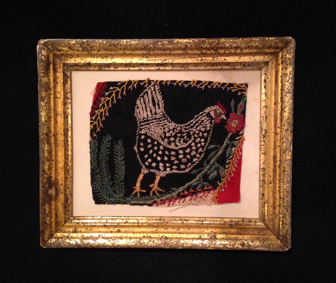 19thc needlework chicken quilt fragment in a worn 19thc (1 of 2)