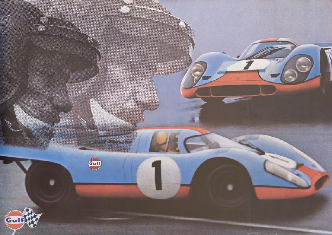 Gulf-Porsche 917: ID 12542 SKU 98037 DATE 1971 COUNTRY Switzerland SIZE APPROX A1 23 x 33 INCHES CONDITION Fine (Rolled) Rare auto racing poster w/ Jo Siffert (2 sided with car diagram on rear, image shows fro