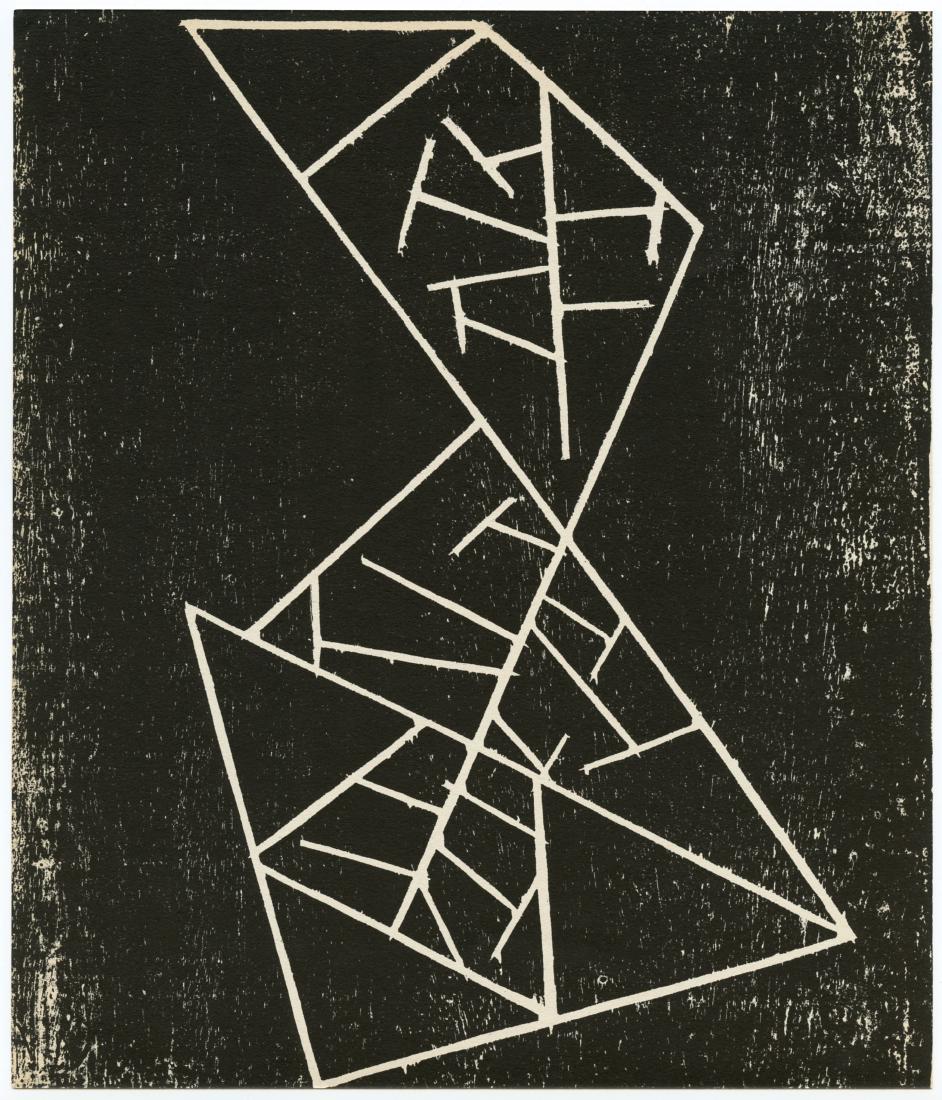 Jean Arp original woodcut "Before the Battle of: Medium: original woodcut. Printed in Paris by Mourlot and published by Pierre à Feu and Maeght Editeur for the Marcel Duchamp / André Breton project Surréalisme en 1947. Issued in a limited edition