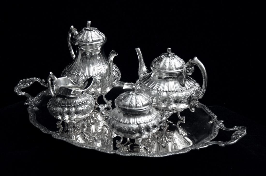 ROCAILLE 5pc. SILVER TEA SET SILVER SERVING TRAY,: "Reserve Reduced!; Antique French Art Deco Sterling Silver Flatware Set; An Outstanding 5pc. Silver