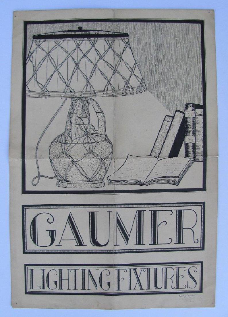 c 1920 ILLUSTRATION ART GAUMER arts & crafts LIGHTING: c 1920 ILLUSTRATION ART GAUMER arts & crafts LIGHTING FIXTURES AD Signed HITTLE Description: Circa 1920 Original Illustration Art Advertisement for GAUMER LIGHTING FIXTURES; Signed in lower right, "Be