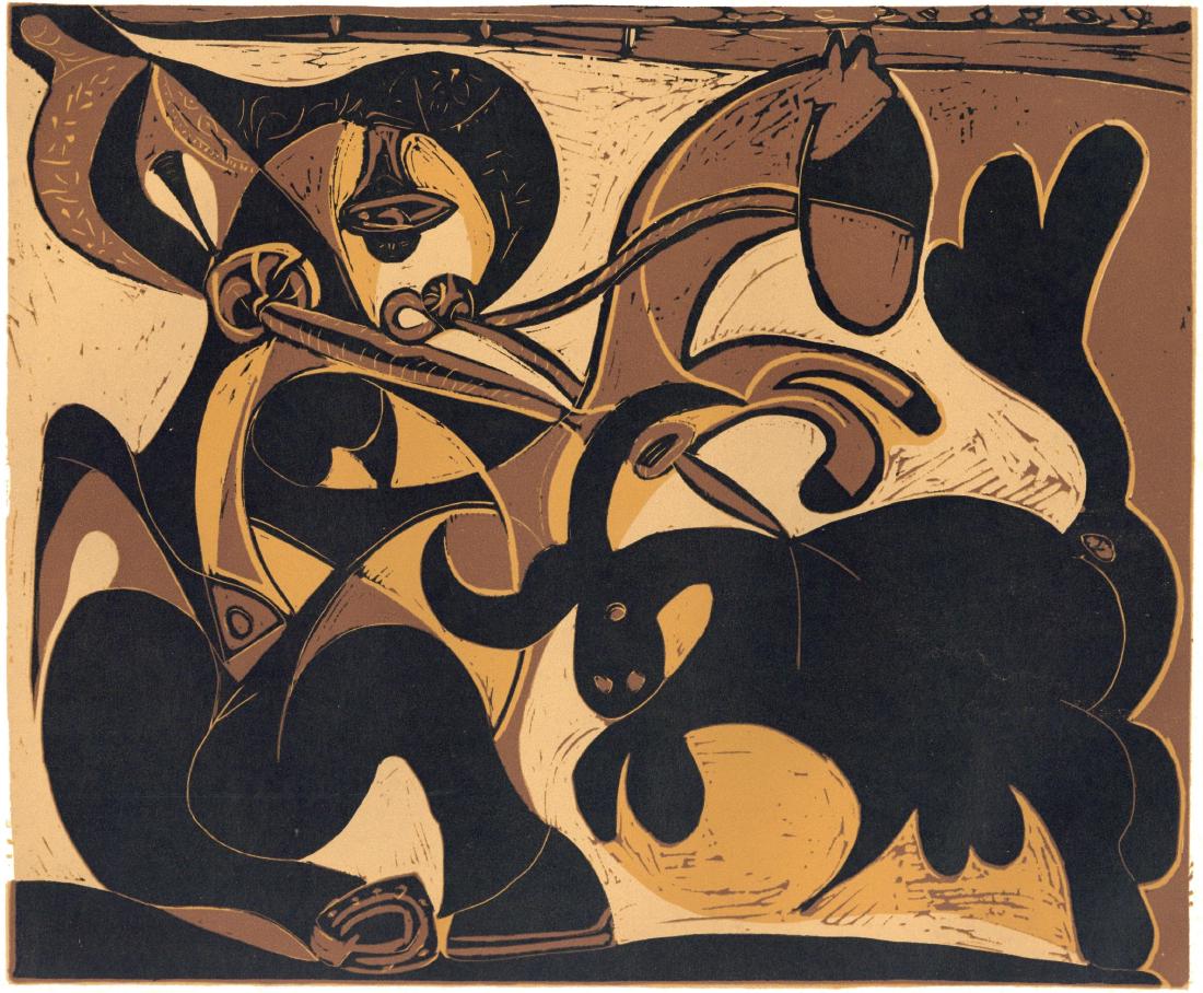 Pablo Picasso linocut "Picador Goading Bull": Title: Pablo Picasso linocut "Picador Goading Bull" Description: Medium: linocut re-creation (after the original Picasso linocut). Picasso started making linoleum cuts during the late 1950's and the o