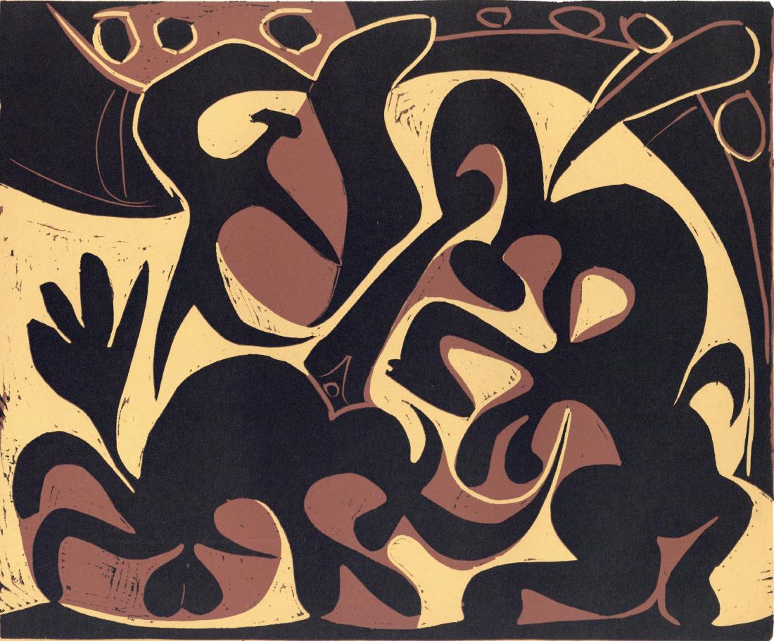 Pablo Picasso linocut "Picador Goading Bull with: Title: Pablo Picasso linocut "Picador Goading Bull with Matador" Description: Medium: linocut re-creation (after the original Picasso linocut). Picasso started making linoleum cuts during the late 195