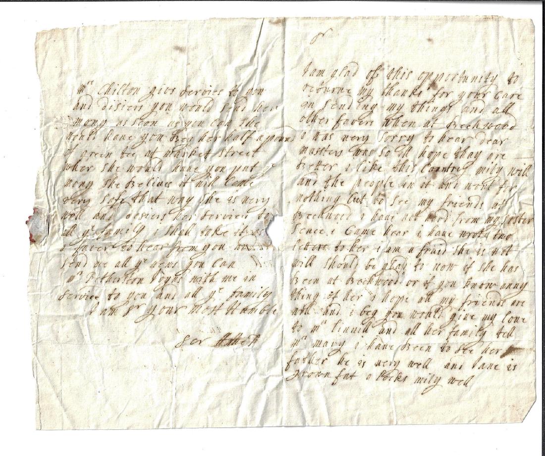 17th C English Letters Beechwood: 17th c English letter thanking his host for a stay at Beechwood. Two pages. Very Good, measures 9 x 7” and a second letter dated 1675 to Thomas Saunders signed Ben Andrewes. Good condition, with add