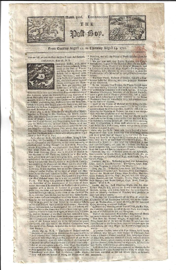 1721 Newspaper The Post-Boy Illustrated Masthead Stamp (1 of 2)