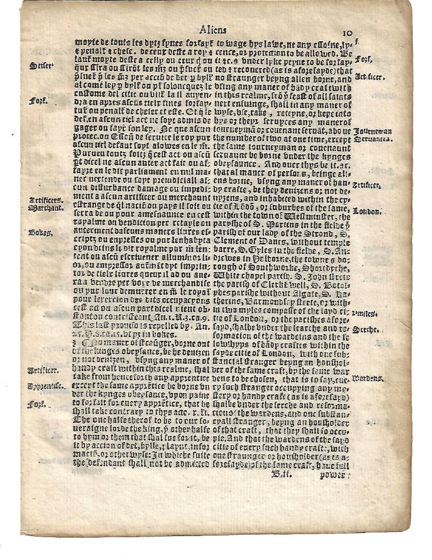 1559 English Law Leaf Henry VIII Statute Aliens (1 of 1)