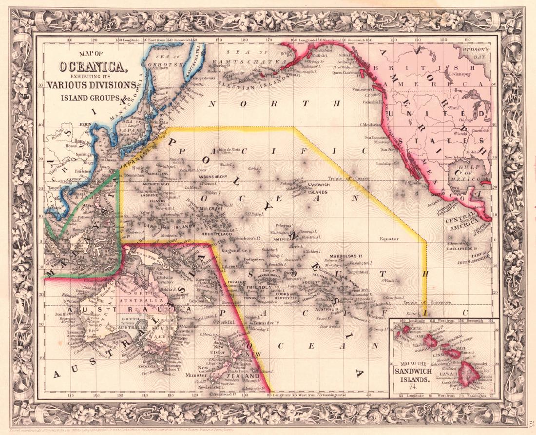 Map of Oceanica, Exhibiting Its Various Divisions,: Title: Map of Oceanica, Exhibiting Its Various Divisions, Island Groups, Etc. Printing Date: 1860 Cartographer: MITCHELL, SAMUEL AUGUSTUS, JR. Publisher: S. Augustus Mitchell, Jr. Size: 12.5Height - 1