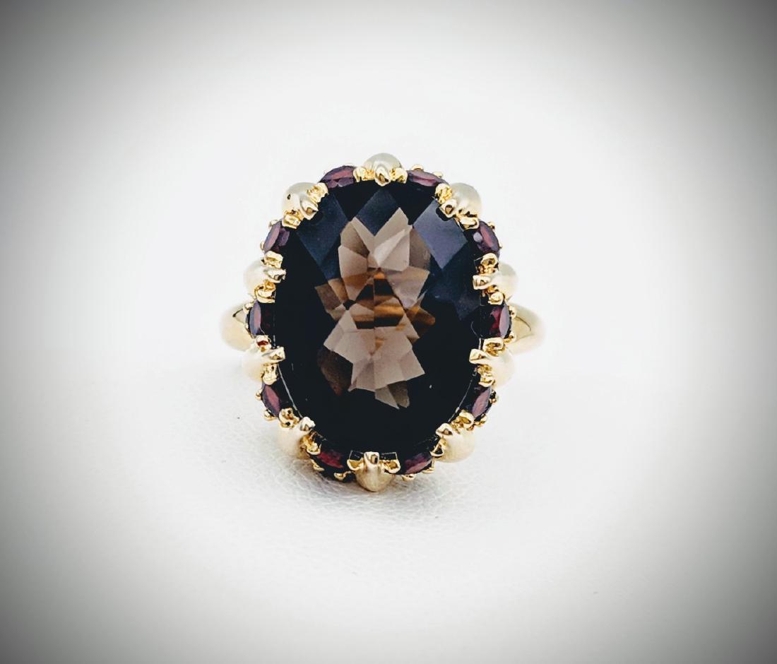 Gold Plated Sz 7 Smoky Quartz & Red Garnet Ring: Reserve Reduced! Title: Gold Plated Sz 7 Smoky Quartz & Red Garnet Ring Brand: Jean Lin Collection Metal Purity: Gold Plated 925 Sterling Silver Gemstones: Smoky Quartz & Red Garnet Carat Weights: 1 O