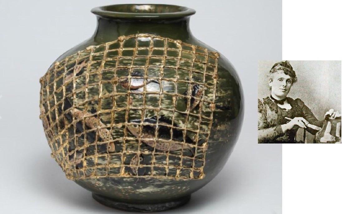 C.1882 LARGE ROOKWOOD JAPONISME VASE DEPICTING FISH: New to Jasper52 Title: C.1882 LARGE ROOKWOOD JAPONISME VASE DEPICTING FISH CAUGHT IN NET; ATTRIBUTED TO MARIA LONGWORTH NICHOLS STORER Date/Period: c. 1882 Materials: Pottery Dimensions: 12.5" H Depic