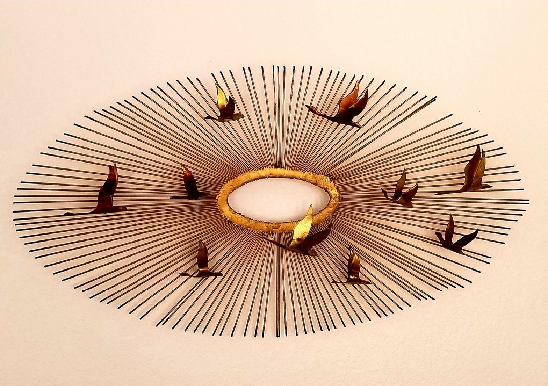 Mid Century Curtis Jere Modernist Birds Over the: Reserve Reduced! Title: Mid Century Curtis Jere Modernist Birds Over the Sunburst Wall Art Maker: Curtis Jere Origin: US Date/Period: 1960's Materials: Brass metal Size: 38 x 20 inches Mid Century Cur