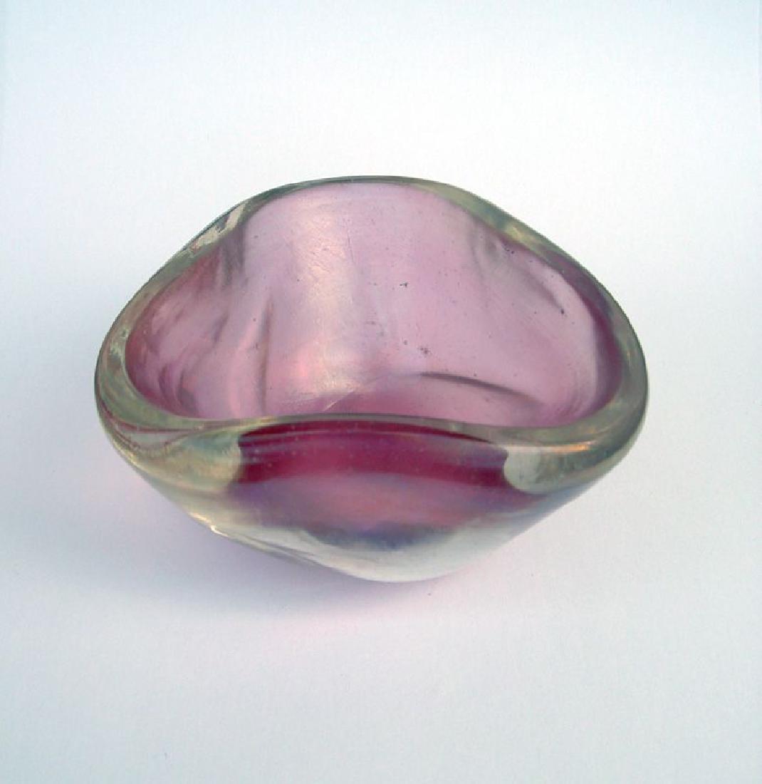 Iridescent Murano bowl, 1950’s. Alfredo Barbini?: Reserve Reduced! Exquisite small bowl in pink or puce and iridescent glass, softly triangular with a swirl. Murano, 1950’s, related to works by Alfredo Barbini and possibly by him. Width "3 ¾ / 9,5