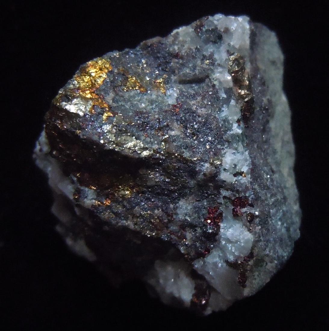 CHALCOPYRITE & CALCITE: Title: CHALCOPYRITE & CALCITE Origin: Cherveno Zname Mine, Sozopol, Burgas, Bulgaria Size: 2x2x1 cm / 11 gram Description: dark brassy chalcopyrite and white, crystalline calcite in grey matrix Reserv