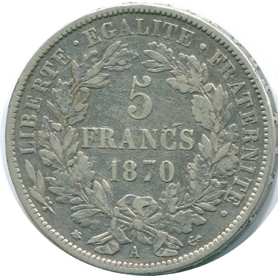France 1870a - 5 Francs Ceres Silver Coin: VF/XF, ( AMC Catalog ID: FR1001 ) Reserve: $45.00 Shipping: Domestic: Flat-rate of $15.00 to anywhere within the contiguous U.S. International: Flat-rate of $15.00 to anywhere in the world. Combined s