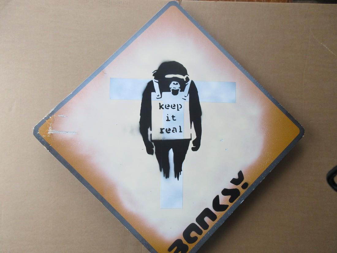 Banksy (after) Keep It Real spray paint on metal street: Title: Banksy Keep It Real spray paint on metal street sign Additional Information: Banksy (After) Keep It Real spray paint on metal street sign, tagged Banksy. This is being sold as after Banksy as s