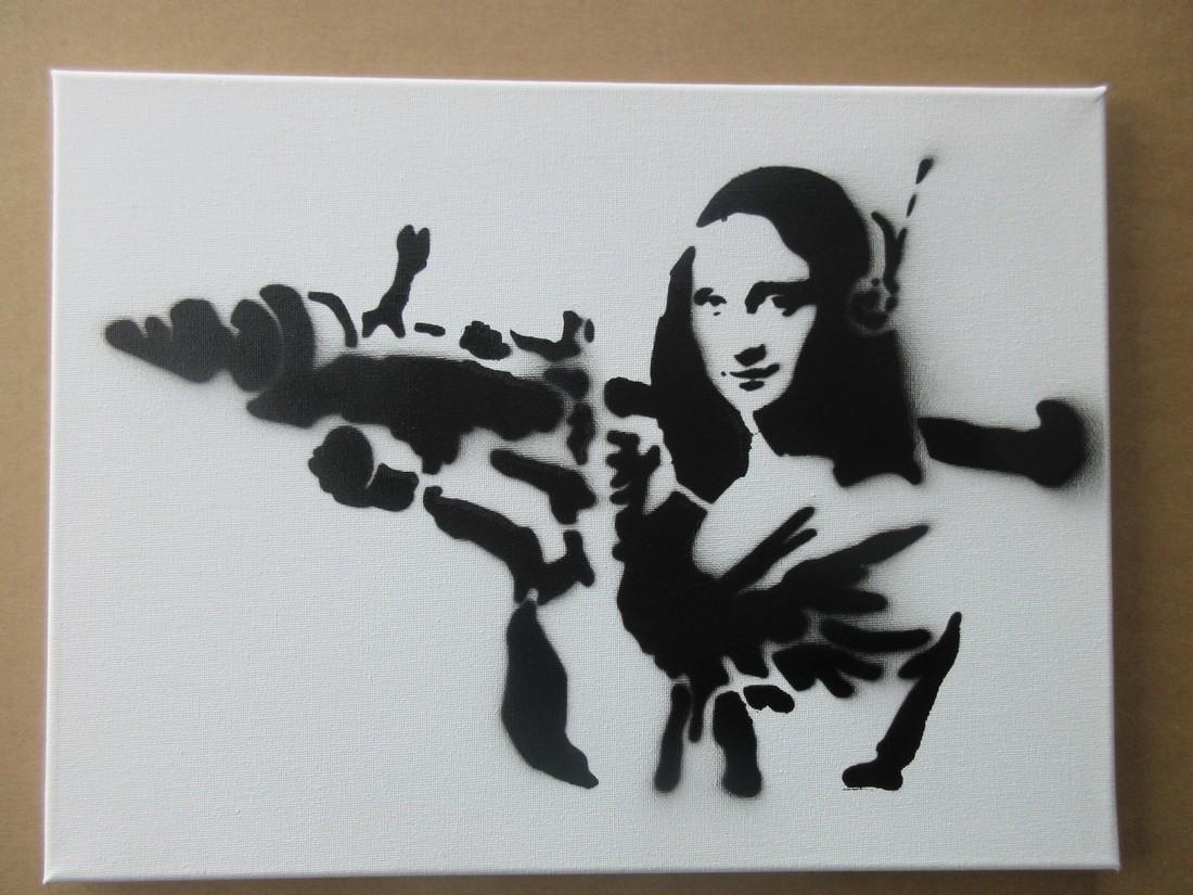 Banksy (after) Mona Lisa with Bazooka Rocket Spray: Title: Banksy Mona Lisa with Bazooka Rocket Spray Paint on Canvas Dimensions: Size 16" X 12" inches Additional Information: Banksy (After) Dismaland Mona Lisa with Bazooka Rocket spray paint on canvas