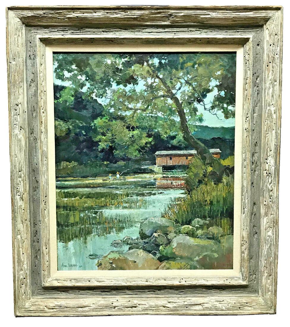 Eric Sloane (american, 1905-1985) Fisherman Alongside: Title: ERIC SLOANE (AMERICAN, 1905-1985) FISHERMAN ALONGSIDE RED BRIDGE OIL ON MASONITE Date/Period: 20th Century Medium: Oil/Masonite Dimensions: ss: 23 1/2" h. x 19" w. Description: Eric Sloane (Ame