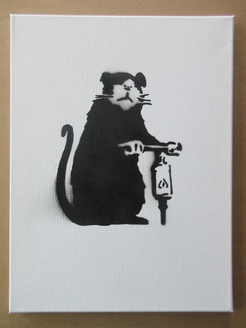 Banksy (after) Driller Rat Spray Paint on Canvas: Title: Banksy Driller Rat Spray Paint on Canvas Dimensions: Size 16" X 12" inches Additional Information: Banksy (After) Dismaland Driller Rat spray paint on canvas. Also a Banksy Dismaland Map. These