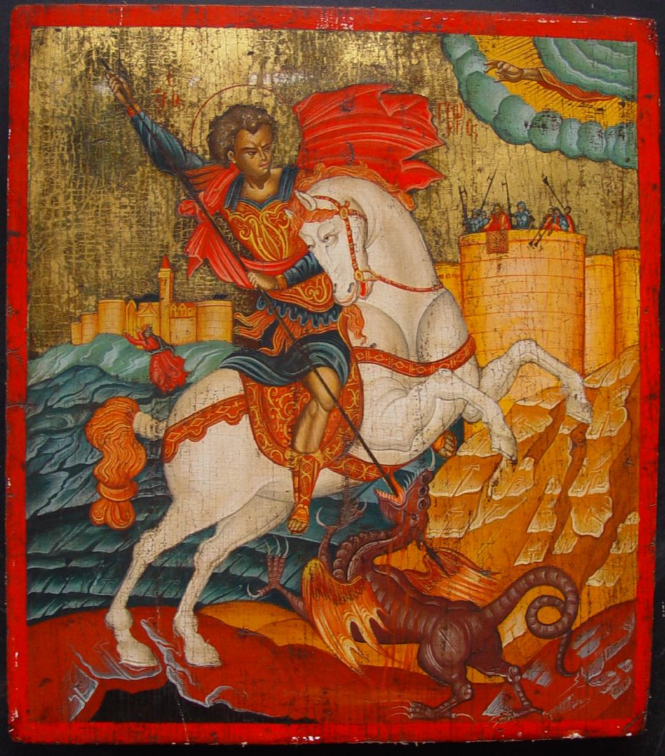 Saint George: Icon: Saint George Origin: Greek Date: 19-20th century Materials: egg tempera on wooden board 43 x 49 cm Saint George of Lydda (ca. 275/281 – April 23, 303) was according to tradition, a Roman soldi