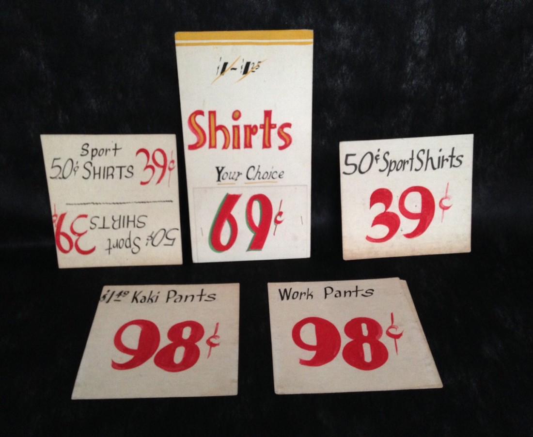 Five colorful hand painted store signs on paperboard (1 of 6)