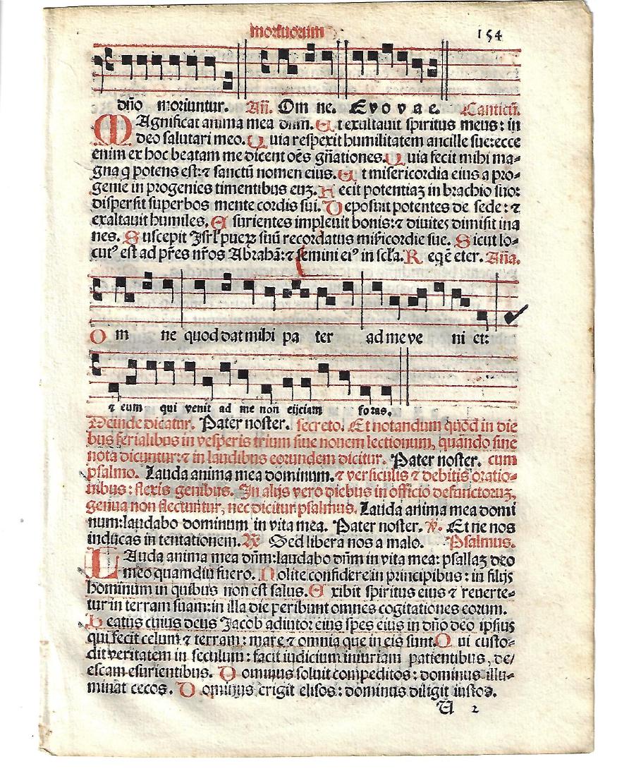 1567 Catholic Hymnal Leaf Music Red and Black: 1567 Catholic hymnal leaf printed in red and black, with music, from “Sacerdotal ad Consuetudinem Sacro Sancte…”, printed at Venice by Petri Liechtenstein. Fine, measures 6 x 8.5”. Reserve: $3