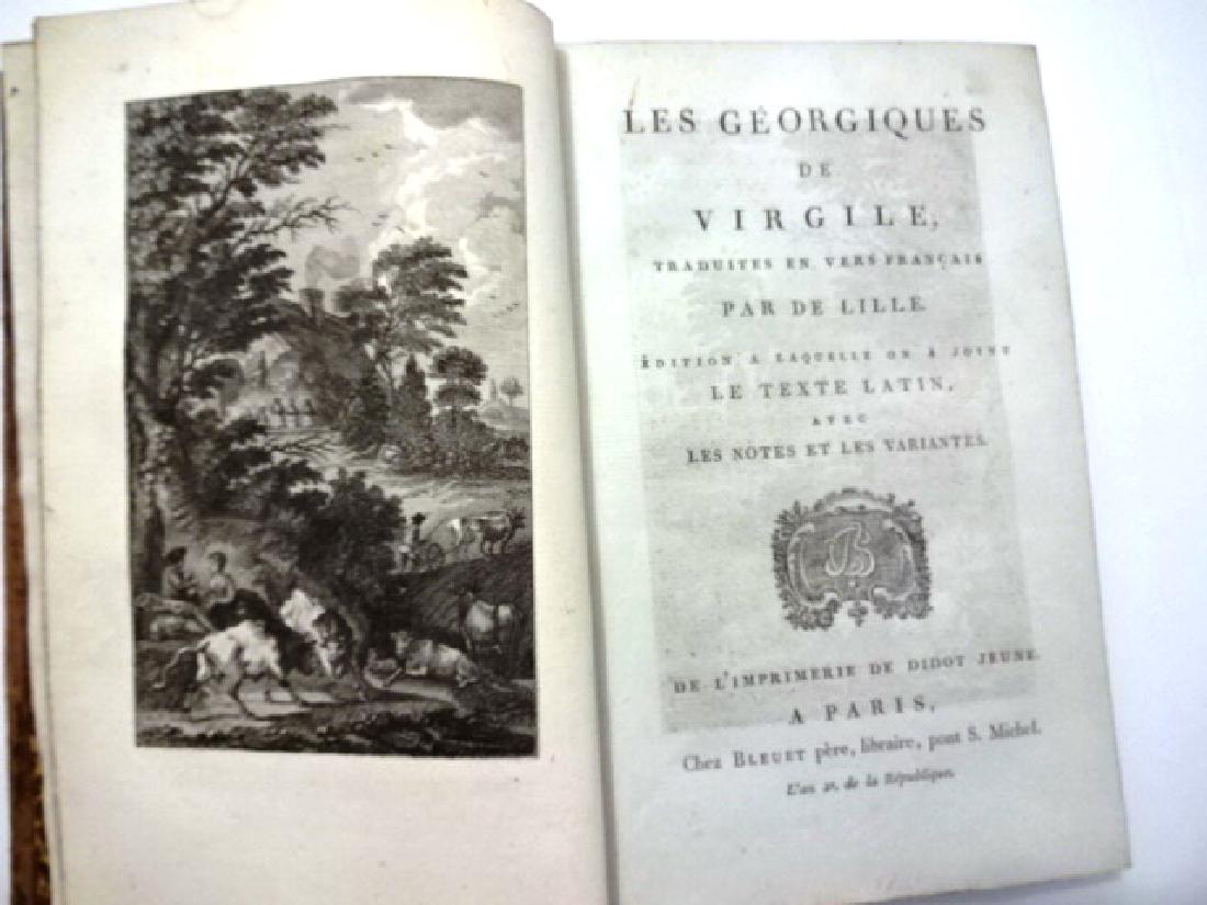 1793 Les Georgiques De Virgile Traduites Engravings: “Les Georgiques De Virgile Traduites En Vers Francais Par De Lille..”, printed at Paris at Chez Bleuet, end year of the French Republic. 1793. 384 pages, Frontis and other engravings. Fine tree ca